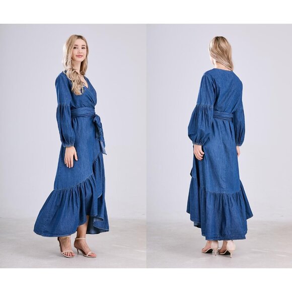 Women's Denim Maxi Dress Cotton Belted V-Neck Ruffle Hem Casual Elegant - Picture 7 of 8